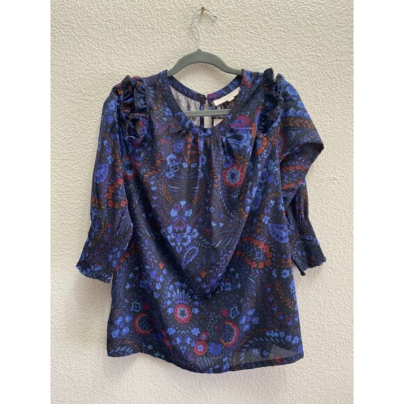 Ann Taylor Loft Paisley Ruffle Smocked Cold Shoulder Top Size Medium NWT - Picture 2 of 5